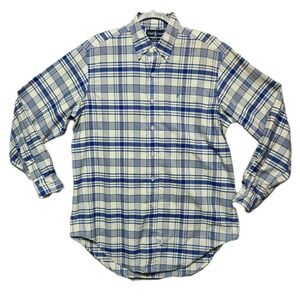 Ralph Lauren Plaid Button Down Shirt Mens 16-34 Blue Japanese Cotton Made in USA